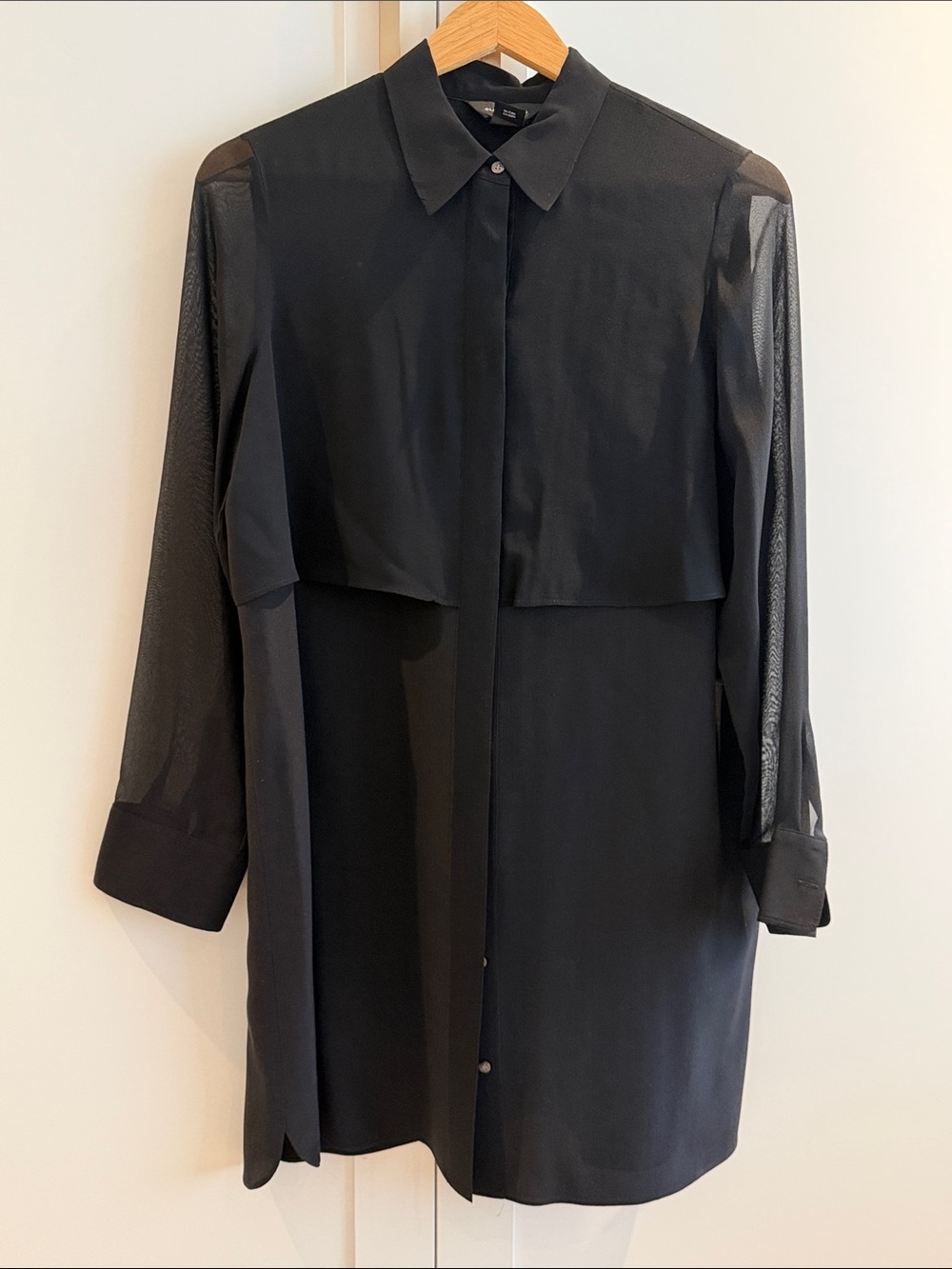 Club Monaco Black Long-Sleeve Sheer-Panel Shirt Dress - Picture 1 of 4